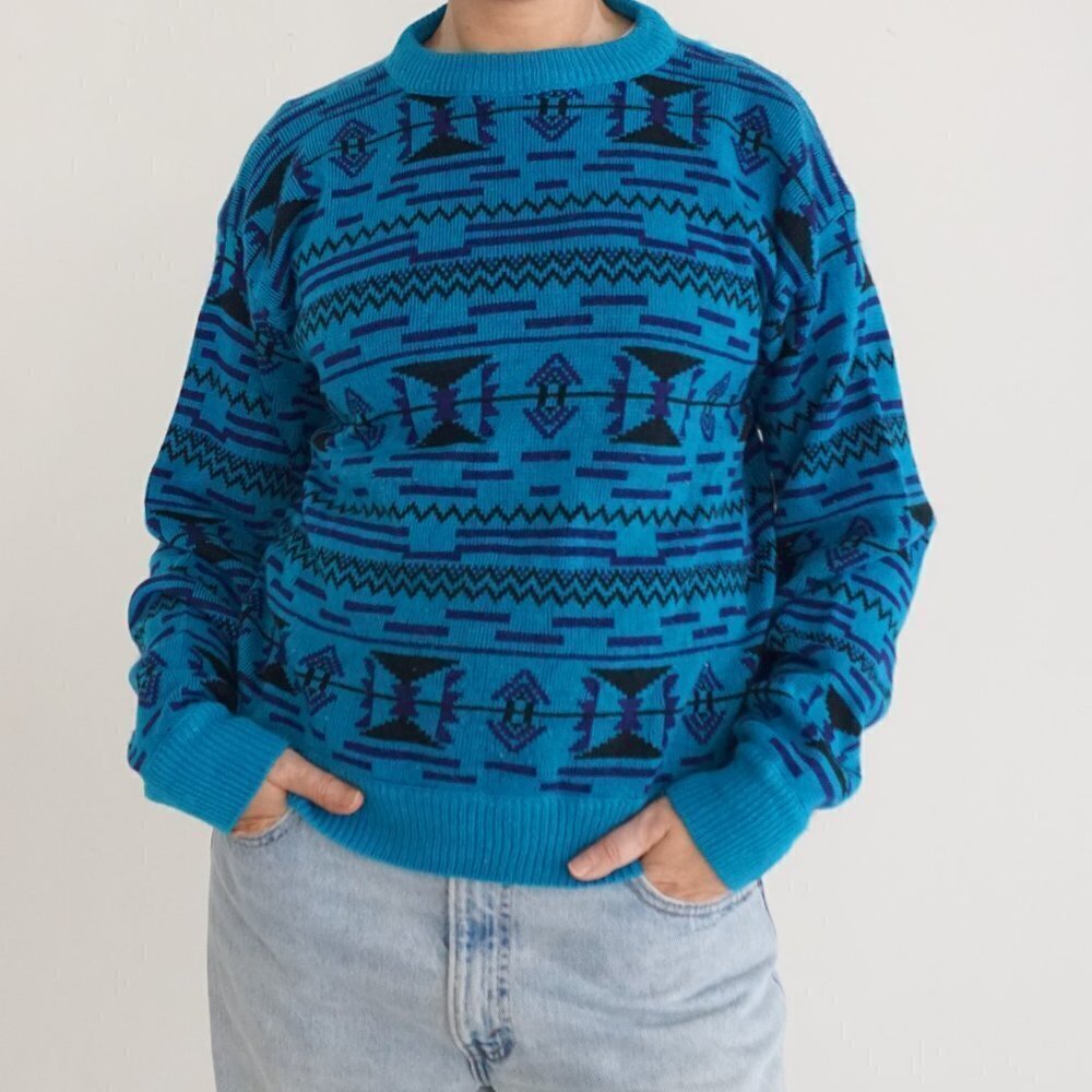 Vintage Wrangler Blue Knit Aztec Print Crewneck Sweater S